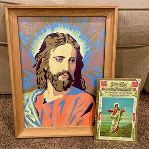 Vintage Folk Art Jesus Painting + Antique German Religious Booklet Lot